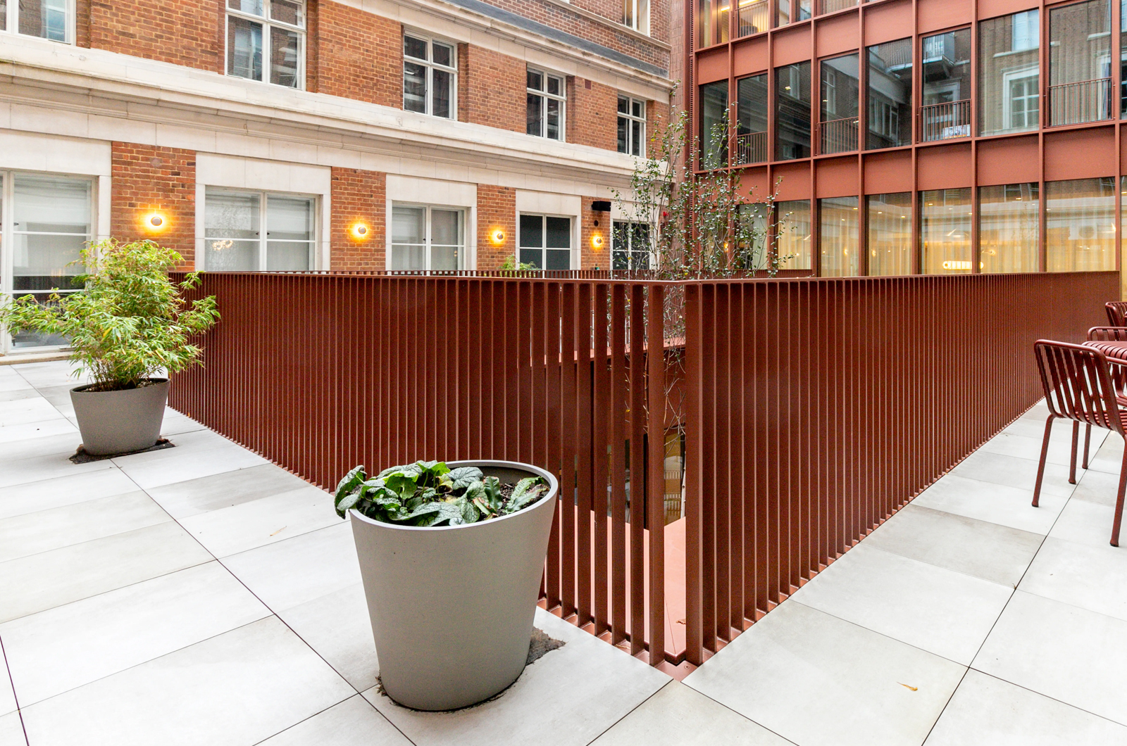 Chancery House, 53 - 64 Chancery Lane, London WC2A 1QS - Client: The Office Group - Architects: dMFK Architects and Norm Architects - Powder-coated railings and handrail to third floor terrace, fabricated by John Desmond Ltd. - Photography by Hannah Gasparutti Chancery House, 53 - 64 Chancery Lane, London WC2A 1QS - Client: The Office Group - Architects: dMFK Architects and Norm Architects - Powder-coated railings and handrail to third floor terrace, fabricated by John Desmond Ltd. - Photography by Hannah Gasparutti