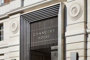 Entrance portal, gate and signage, Chancery House, 53-64 Chancery Ln, London WC2A 1QS - Client: The Office Group - Architects: dMFK Architects and Norm Architects - Architectural metalworks: John Desmond Ltd